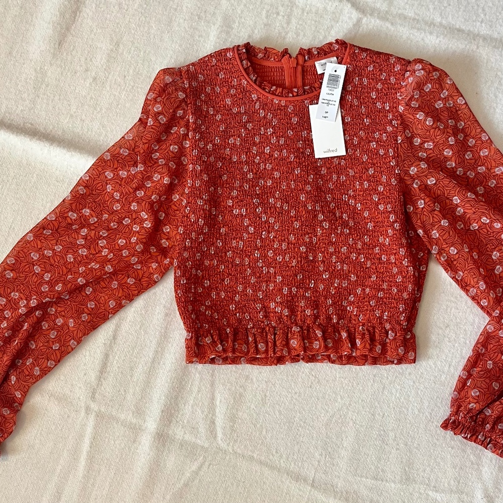 Aritzia Wilfred Red Smocked Floral tempest Long-Sleeve Crop Top size small